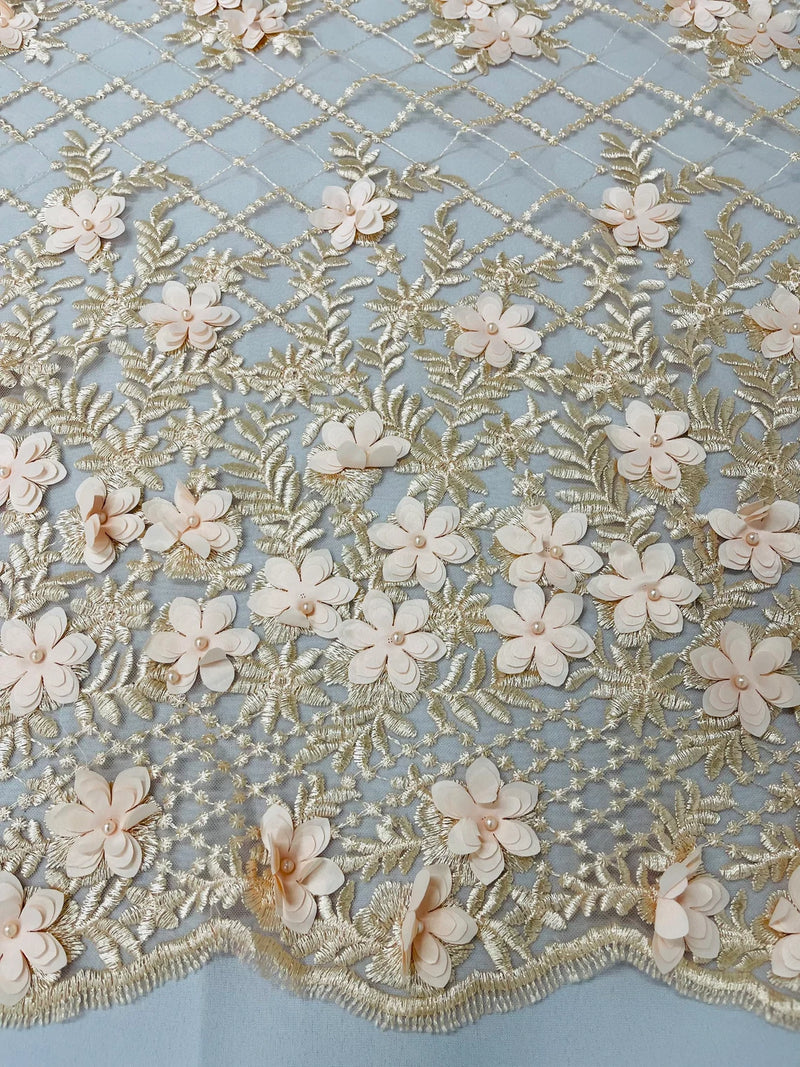 3D Floral Pearl Fabric - Peach - 3D Triangle Flower Design on Mesh By Yard
