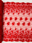 3D Floral Pearl Fabric - Red - 3D Triangle Flower Design on Mesh By Yard