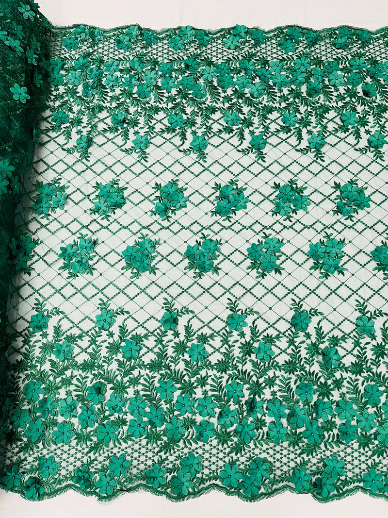 3D Floral Pearl Fabric - Hunter Green - 3D Triangle Flower Design on Mesh By Yard