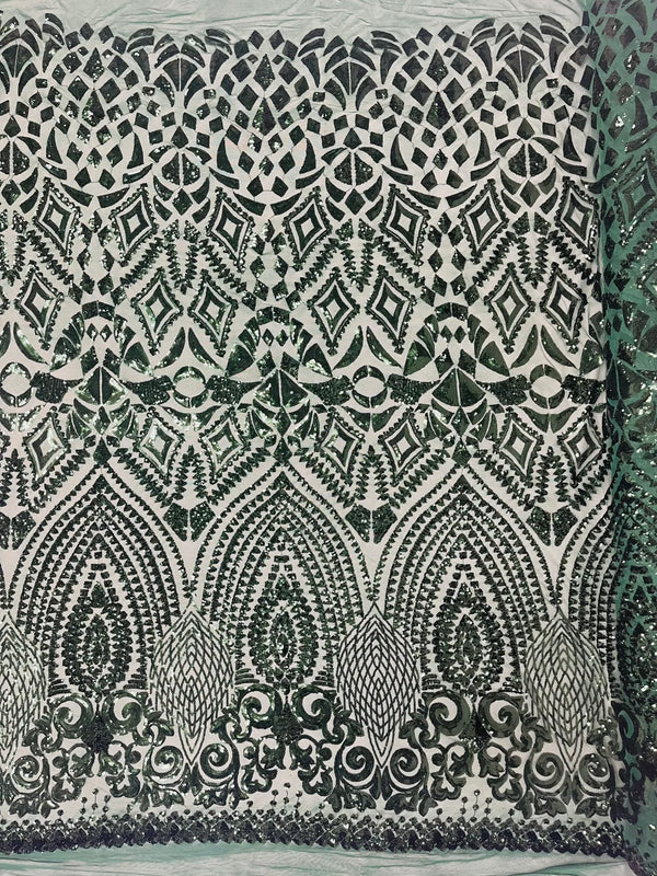 Geometric Pattern Sequins - Hunter Green - 4 Way Stretch Colorful Shine Designer Sequins By Yard