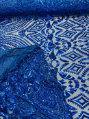 Geometric Pattern Sequins - Royal Blue - 4 Way Stretch Colorful Shine Designer Sequins By Yard