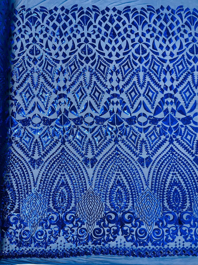 Geometric Pattern Sequins - Royal Blue - 4 Way Stretch Colorful Shine Designer Sequins By Yard
