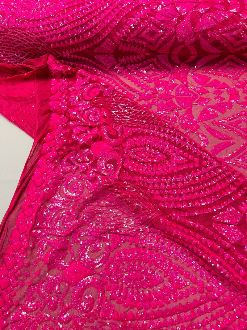 Geometric Pattern Sequins - Hot Pink - 4 Way Stretch Colorful Shine Designer Sequins By Yard
