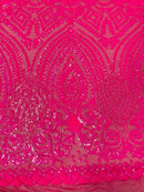 Geometric Pattern Sequins - Hot Pink - 4 Way Stretch Colorful Shine Designer Sequins By Yard