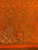 Geometric Pattern Sequins - Orange - 4 Way Stretch Colorful Shine Designer Sequins By Yard