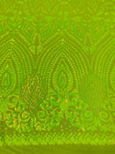 Geometric Pattern Sequins - Lime Green - 4 Way Stretch Colorful Shine Designer Sequins By Yard