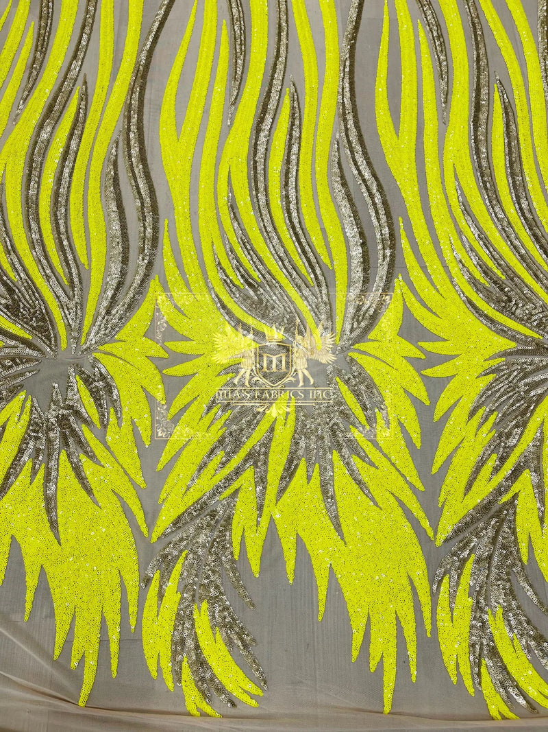 Phoenix Feather Sequins - Yellow / Matte Gold  - 4 Way Stretch Phoenix Pattern Fashion Design Fabric