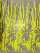 Phoenix Feather Sequins - Yellow / Matte Gold  - 4 Way Stretch Phoenix Pattern Fashion Design Fabric