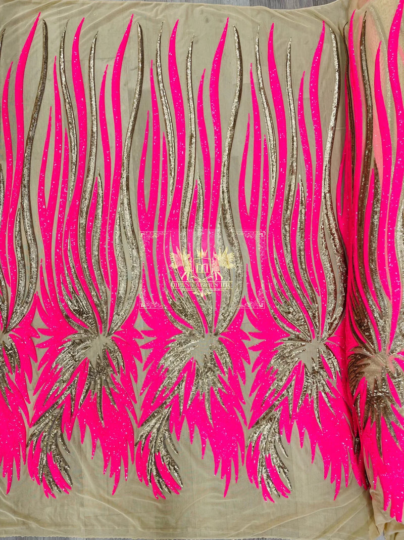 Phoenix Feather Sequins - Hot Pink / Matte Gold  - 4 Way Stretch Phoenix Pattern Fashion Design Fabric