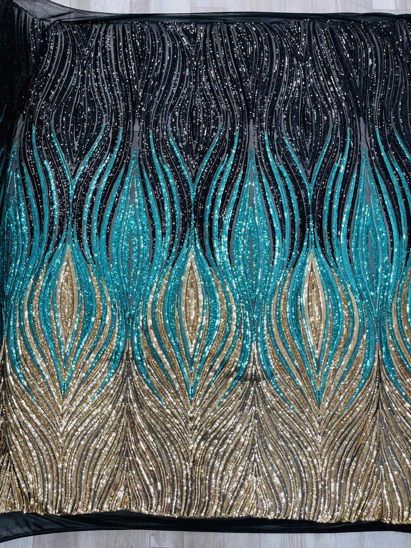 Multi-Color Fabric - Black/Turquoise/Silver - Feather Shape Sequins Fabric Sold By Yard