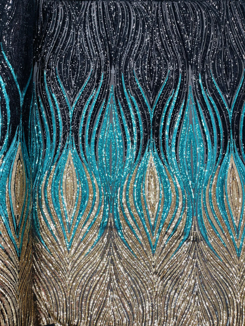 Multi-Color Fabric - Black/Turquoise/Silver - Feather Shape Sequins Fabric Sold By Yard
