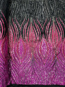 Multi-Color Fabric - Magenta/Black - Feather Shape Sequins Fabric Sold By Yard