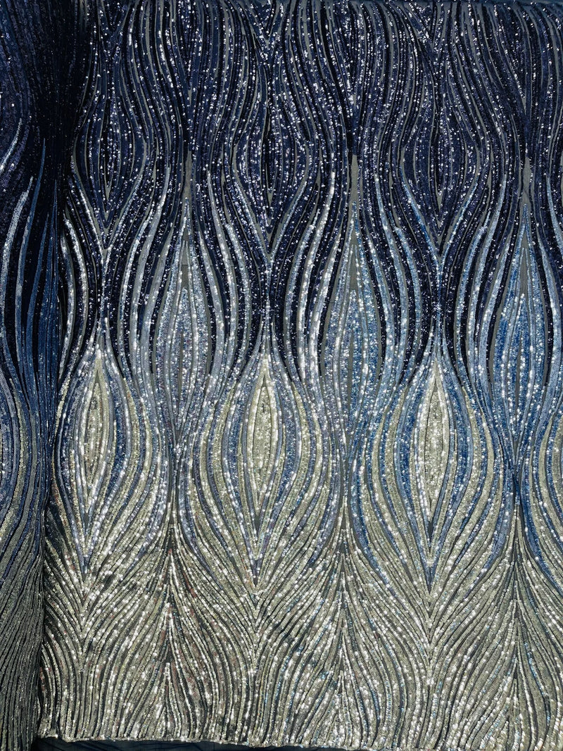 Multi-Color Fabric - Light Gold/Silver/Black - Feather Shape Sequins Fabric Sold By Yard
