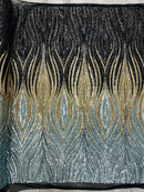 Multi-Color Fabric - Black/Gold/Silver - Feather Shape Sequins Fabric Sold By Yard
