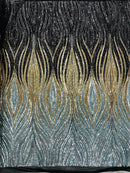 Multi-Color Fabric - Black/Gold/Silver - Feather Shape Sequins Fabric Sold By Yard