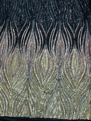 Multi-Color Fabric - Black/Rose/Light Gold - Feather Shape Sequins Fabric Sold By Yard