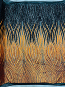 Multi-Color Fabric - Navy/Yellow/Gold - Feather Shape Sequins Fabric Sold By Yard