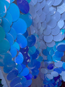 Jumbo 1.5" Circle Sequins - Aqua / White - Jumbo Sequins On Mesh Fabric Sold By The Yard