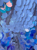 Jumbo 1.5" Circle Sequins - Aqua / White - Jumbo Sequins On Mesh Fabric Sold By The Yard