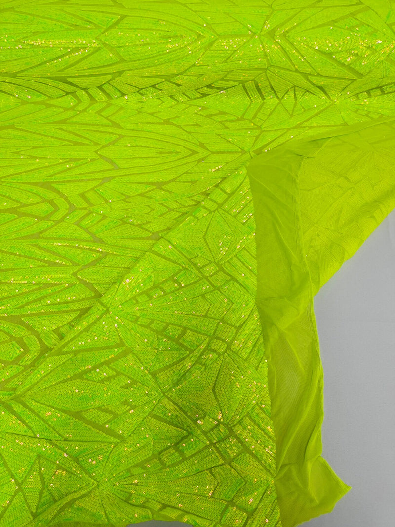 Geometric Fabric - Lime Green - Geometric Sequins Pattern Design 4 Way Stretch Sold By Yard