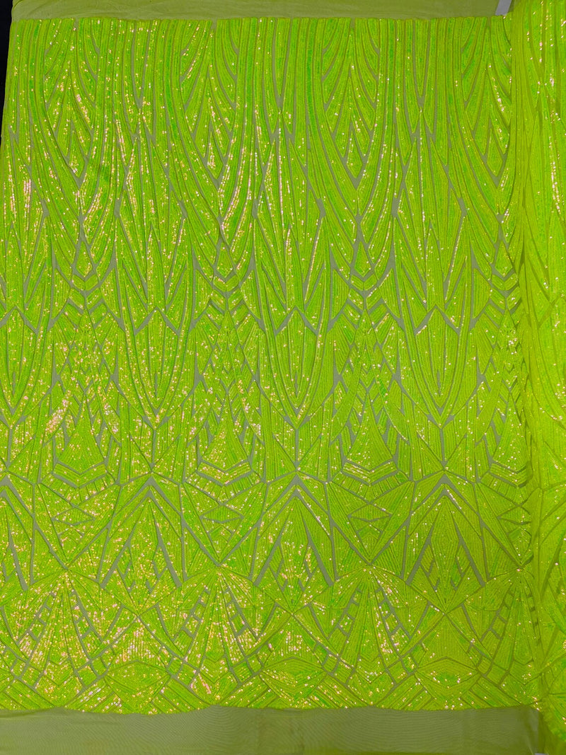 Geometric Fabric - Lime Green - Geometric Sequins Pattern Design 4 Way Stretch Sold By Yard