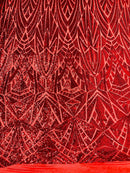 Geometric Fabric - Red - Geometric Sequins Pattern Design 4 Way Stretch Sold By Yard