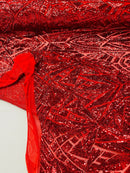 Geometric Fabric - Red - Geometric Sequins Pattern Design 4 Way Stretch Sold By Yard