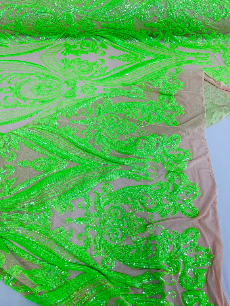 Big Damask Sequins Fabric - Neon Green - 4 Way Stretch Damask Sequins Design Fabric By Yard