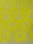 Big Damask Sequins Fabric - Yellow on Yellow - 4 Way Stretch Damask Sequins Design Fabric By Yard