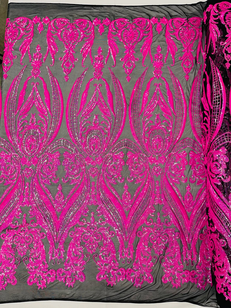 Big Damask Sequins Fabric - Hot Pink on Black - 4 Way Stretch Damask Sequins Design Fabric By Yard