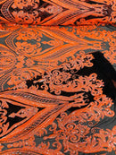 Big Damask Sequins Fabric - Orange on Black - 4 Way Stretch Damask Sequins Design Fabric By Yard