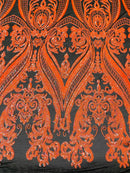 Big Damask Sequins Fabric - Orange on Black - 4 Way Stretch Damask Sequins Design Fabric By Yard