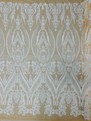 Big Damask Sequins Fabric - White on Nude - 4 Way Stretch Damask Sequins Design Fabric By Yard