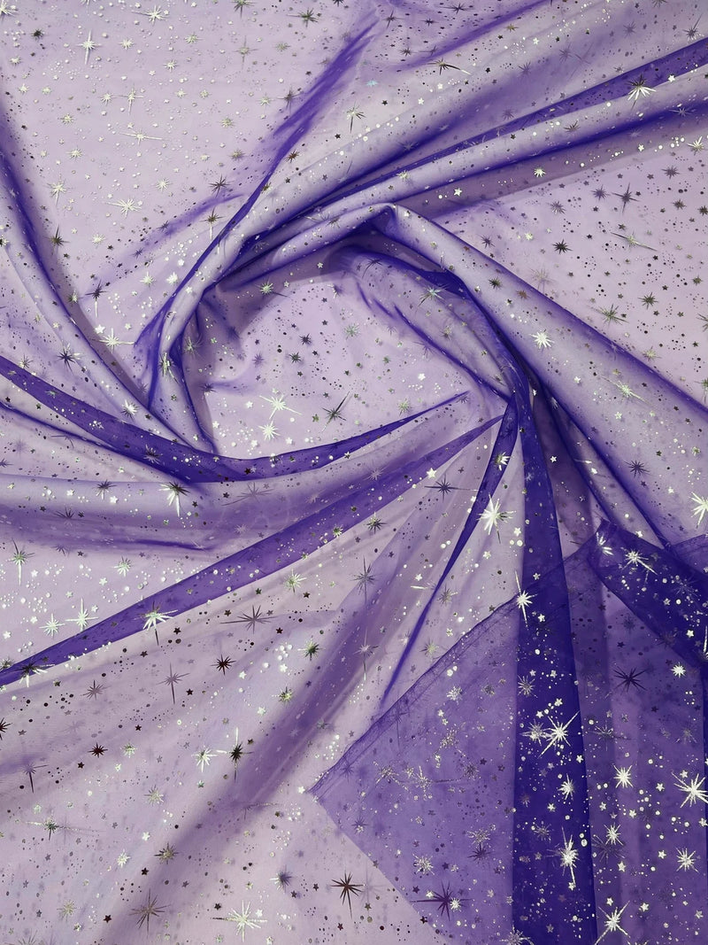 Foil Star Organza - Silver On Purple - 60" Sheer Silver Star Organza Fabric Sold By Yard
