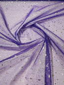 Foil Star Organza - Silver On Purple - 60" Sheer Silver Star Organza Fabric Sold By Yard