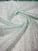 Foil Star Organza - Silver On Mint - 60" Sheer Silver Star Organza Fabric Sold By Yard