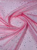 Foil Star Organza - Silver On Coral - 60" Sheer Silver Star Organza Fabric Sold By Yard