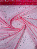 Foil Star Organza - Silver On Coral - 60" Sheer Silver Star Organza Fabric Sold By Yard