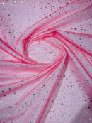 Foil Star Organza - Silver On Coral - 60" Sheer Silver Star Organza Fabric Sold By Yard