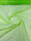 Foil Star Organza - Silver On Lime Green - 60" Sheer Silver Star Organza Fabric Sold By Yard