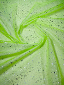 Foil Star Organza - Silver On Lime Green - 60" Sheer Silver Star Organza Fabric Sold By Yard