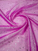 Foil Star Organza - Silver On Fuchsia - 60" Sheer Silver Star Organza Fabric Sold By Yard