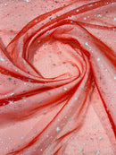 Foil Star Organza - Silver On Red - 60" Sheer Silver Star Organza Fabric Sold By Yard