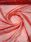 Foil Star Organza - Silver On Red - 60" Sheer Silver Star Organza Fabric Sold By Yard