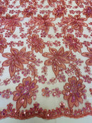 Holographic Sequins Lace - Dusty Rose - Flower Sequins Lace Design w/ Metallic Thread by Yard