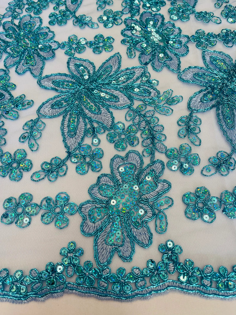 Holographic Sequins Lace - Turquoise - Flower Sequins Lace Design w/ Metallic Thread by Yard
