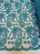 Holographic Sequins Lace - Turquoise - Flower Sequins Lace Design w/ Metallic Thread by Yard