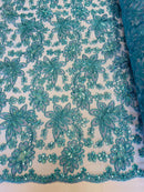 Holographic Sequins Lace - Turquoise - Flower Sequins Lace Design w/ Metallic Thread by Yard