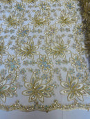 Holographic Sequins Lace - Ivory / Gold - Flower Sequins Lace Design w/ Metallic Thread by Yard