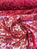 Holographic Sequins Lace - Burgundy - Flower Sequins Lace Design w/ Metallic Thread by Yard